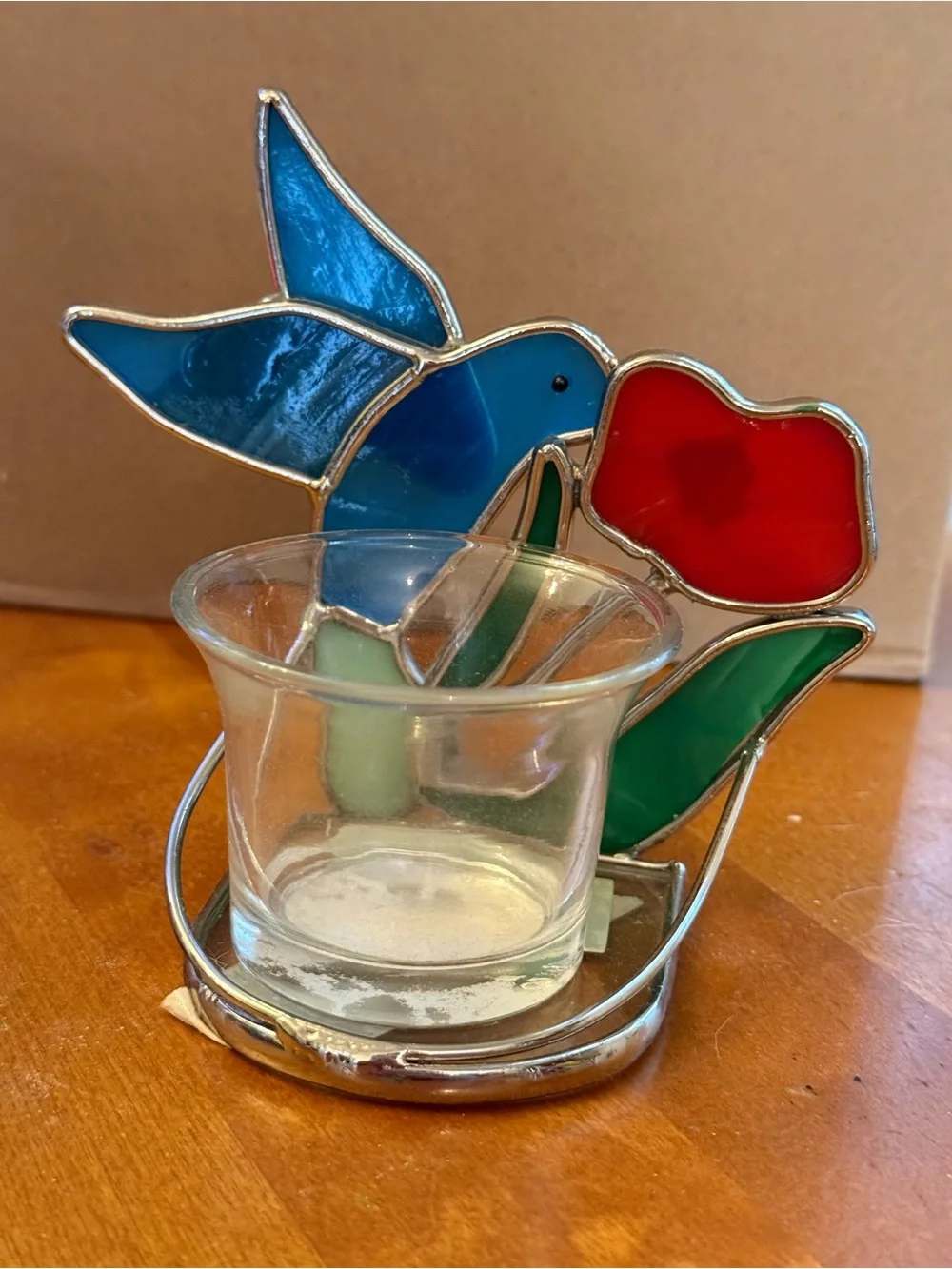 Stained Glass Hummingbird Tea Light Holder - Blue & Green with Red Flower
